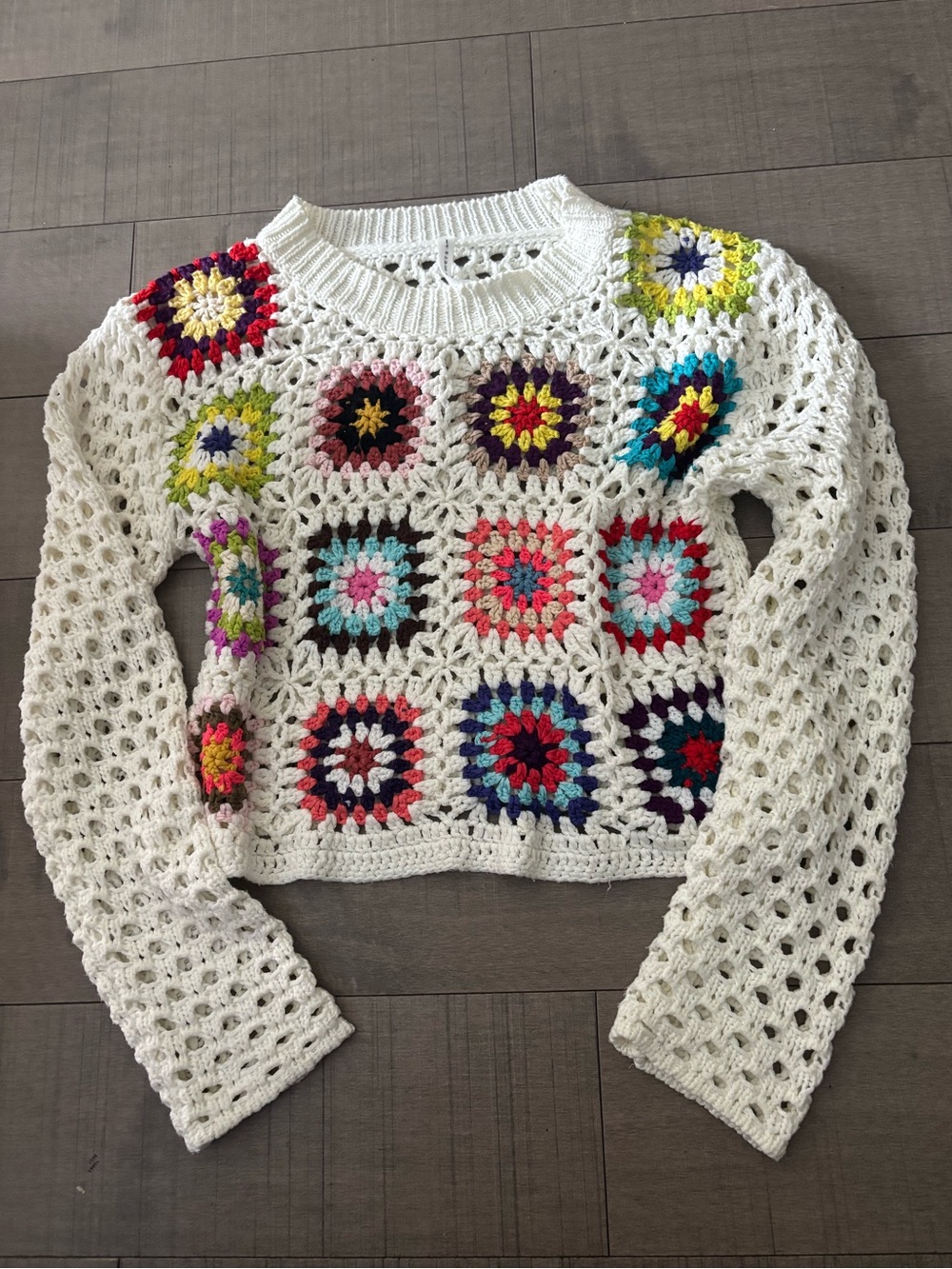 🦋Bohemian🦋Crochet Square Multi-Color Accent White Sweater